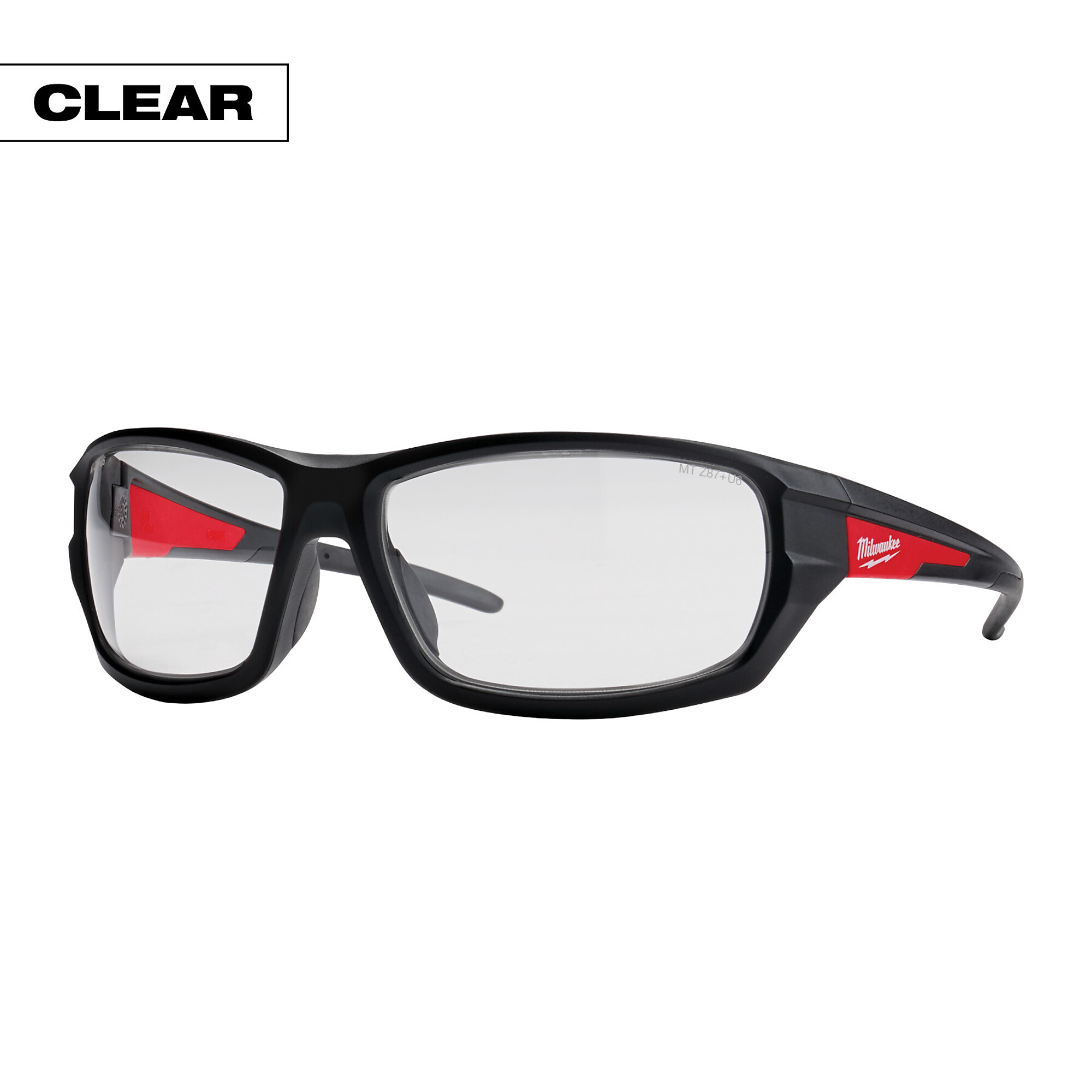 Milwaukee Indoor/Outdoor Safety Glasses with Military-Grade Protection, Clear Lenses, Black/Red Frames, Model# 48-73-2020